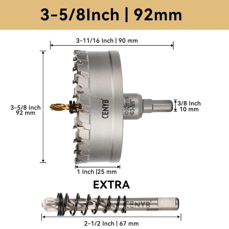 cenyb 3-5/8" (92mm) Tungsten Carbide Tipped Hole Saw with 2Pcs Titanium-Plated Pilot Drill Bits for Hard Metal,Stainless Steel,Iron,Aluminum Alloy,Wood and Plastic - Image 2